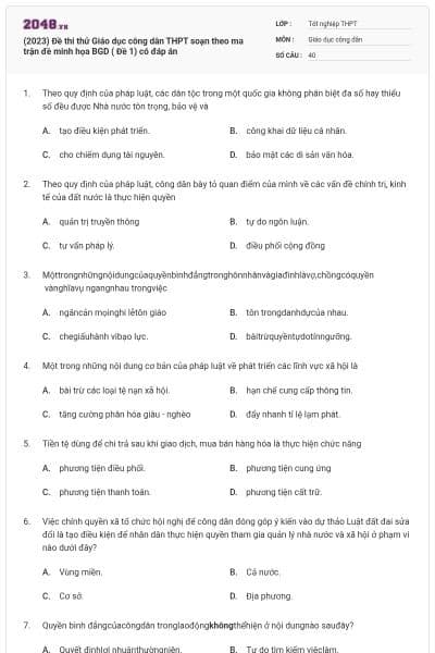(2023) Đề thi thử Giáo dục công dân THPT soạn theo ma trận đề minh họa BGD ( Đề 1) có đáp án