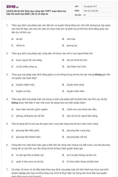 (2023) Đề thi thử Giáo dục công dân THPT soạn theo ma trận đề minh họa BGD ( Đề 3) có đáp án
