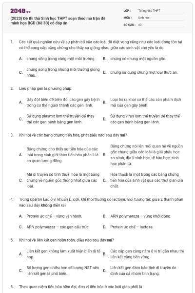 (2023) Đề thi thử Sinh học THPT soạn theo ma trận đề minh họa BGD (Đề 30) có đáp án