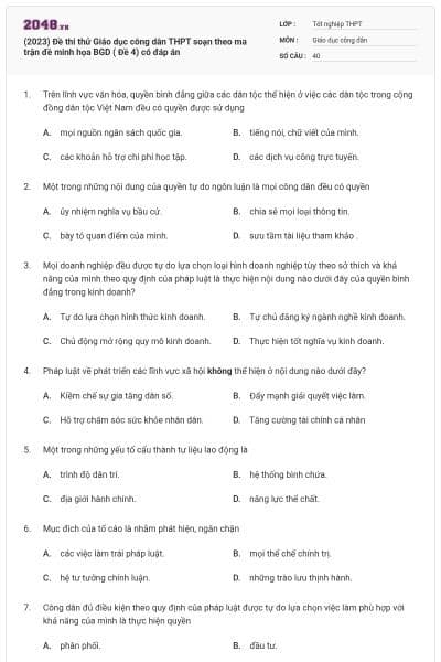 (2023) Đề thi thử Giáo dục công dân THPT soạn theo ma trận đề minh họa BGD ( Đề 4) có đáp án