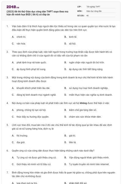 (2023) Đề thi thử Giáo dục công dân THPT soạn theo ma trận đề minh họa BGD ( Đề 6) có đáp án
