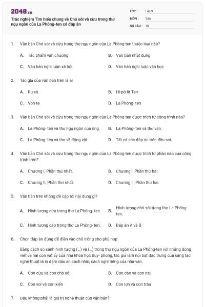 Trắc nghiệm Tìm hiểu chung về Chó sói và cừu trong thơ ngụ ngôn của La Phông-ten có đáp án