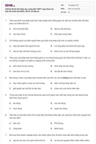 (2023) Đề thi thử Giáo dục công dân THPT soạn theo ma trận đề minh họa BGD ( Đề 8) có đáp án