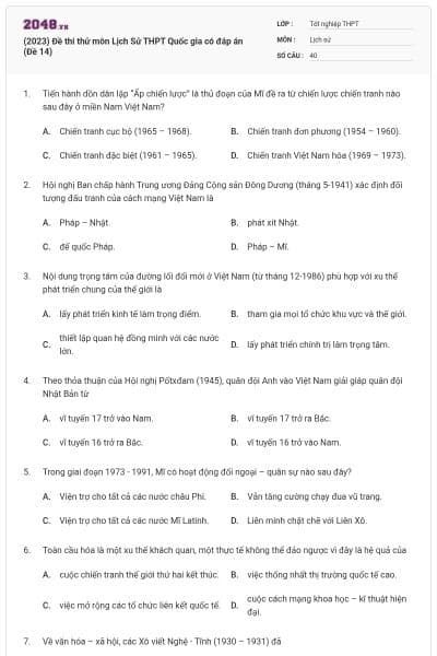 (2023) Đề thi thử môn Lịch Sử THPT Quốc gia có đáp án (Đề 14)