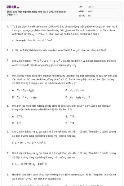 2020 câu Trắc nghiệm tổng hợp Vật lí 2023 có đáp án (Phần 11)