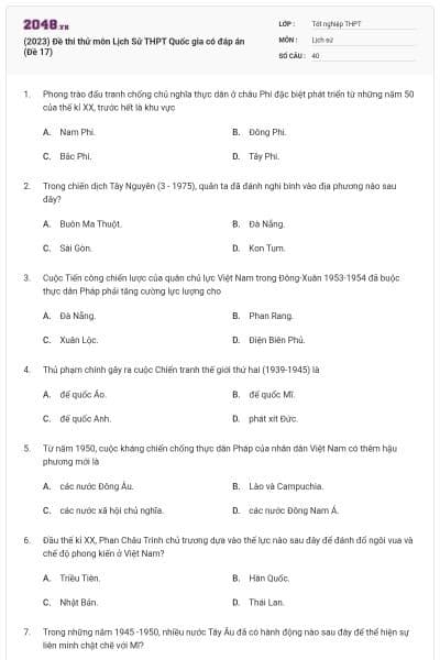 (2023) Đề thi thử môn Lịch Sử THPT Quốc gia có đáp án (Đề 17)