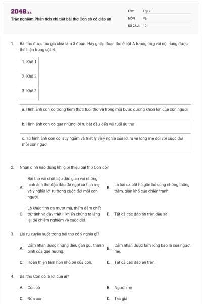 Trắc nghiệm Phân tích chi tiết bài thơ Con cò có đáp án