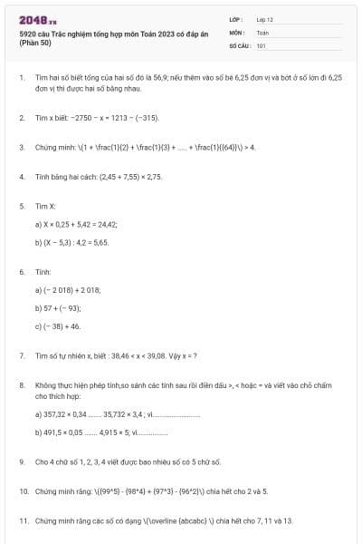5920 câu Trắc nghiệm tổng hợp môn Toán 2023 có đáp án (Phần 50)