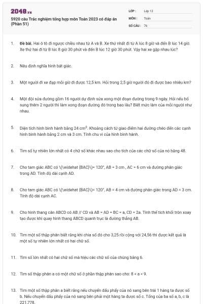 5920 câu Trắc nghiệm tổng hợp môn Toán 2023 có đáp án (Phần 51)