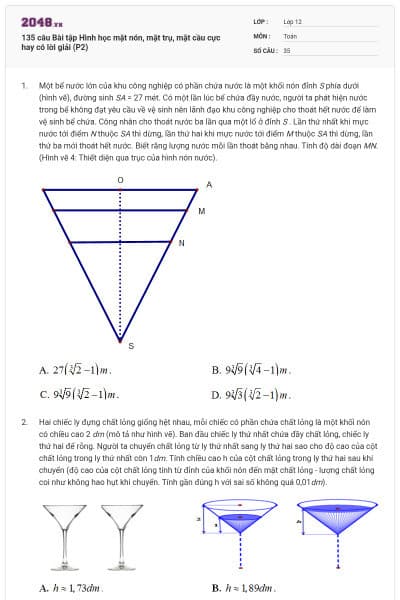 135 câu Bài tập Hình học mặt nón, mặt trụ, mặt cầu cực hay có lời giải (P2)