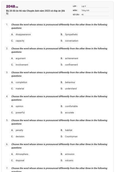 Bộ 20 đề ôn thi vào Chuyên Anh năm 2023 có đáp án (Đề 5)