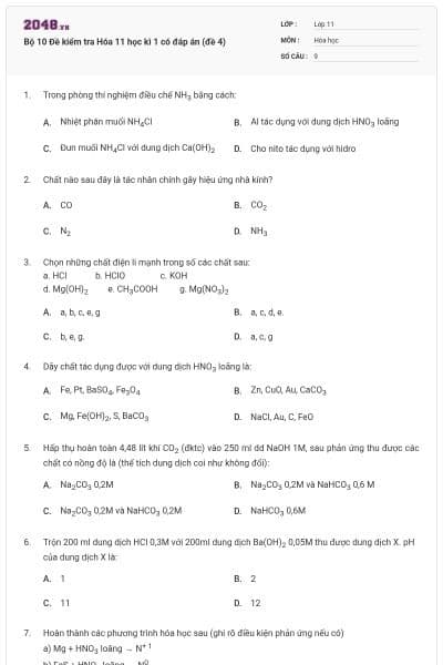 Bộ 10 Đề kiểm tra Hóa 11 học kì 1 có đáp án (đề 4)