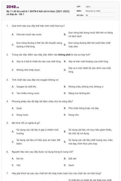 Bộ 11 đề thi cuối kì 1 KHTN 6 Kết nối tri thức (2021-2022) có đáp án - Đề 1