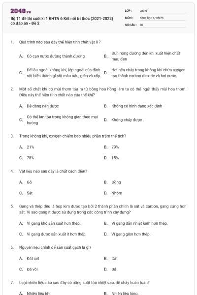 Bộ 11 đề thi cuối kì 1 KHTN 6 Kết nối tri thức (2021-2022) có đáp án - Đề 2