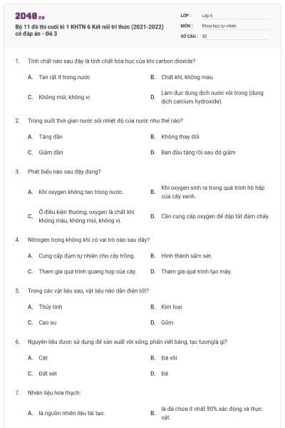 Bộ 11 đề thi cuối kì 1 KHTN 6 Kết nối tri thức (2021-2022) có đáp án - Đề 3