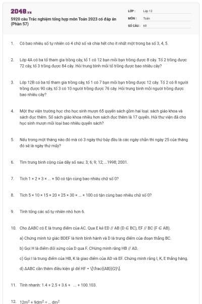 5920 câu Trắc nghiệm tổng hợp môn Toán 2023 có đáp án (Phần 57)