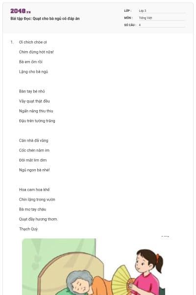 Bài tập Đọc: Quạt cho bà ngủ có đáp án