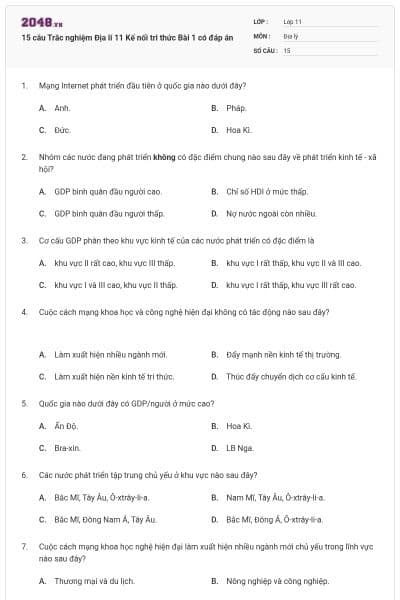 15 câu Trắc nghiệm Địa lí 11 Kế nối tri thức Bài 1 có đáp án