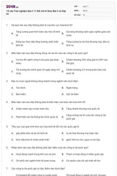 15 câu Trắc nghiệm Địa lí 11 Kết nối tri thức Bài 2 có đáp án