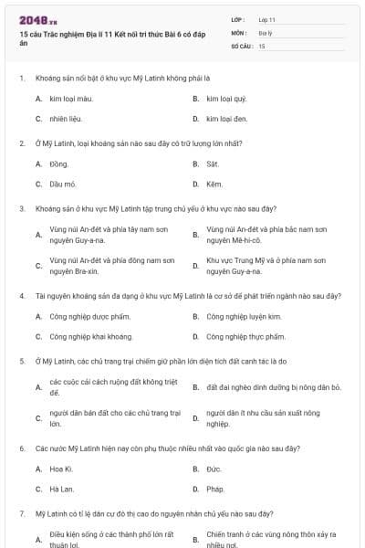 15 câu Trắc nghiệm Địa lí 11 Kết nối tri thức Bài 6 có đáp án