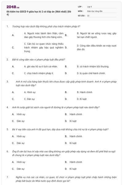 Đề kiểm tra GDCD 9 giữa học kì 2 có đáp án (Mới nhất) (Đề 4)
