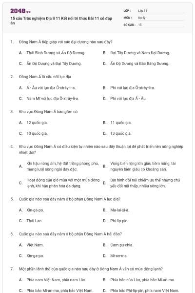15 câu Trắc nghiệm Địa lí 11 Kết nối tri thức Bài 11 có đáp án