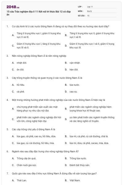 15 câu Trắc nghiệm Địa lí 11 Kết nối tri thức Bài 12 có đáp án