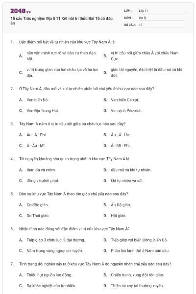 15 câu Trắc nghiệm Địa lí 11 Kết nối tri thức Bài 15 có đáp án