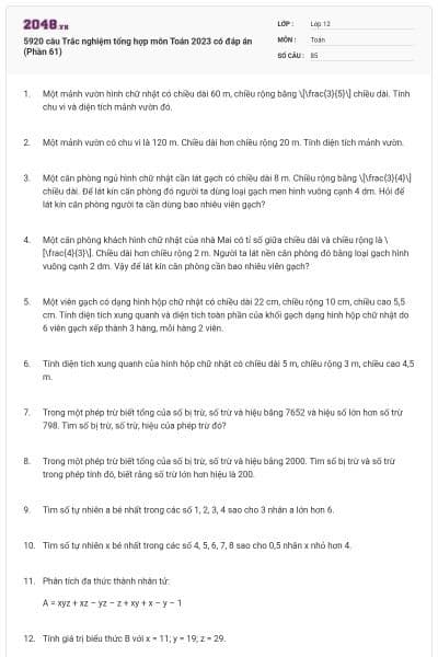 5920 câu Trắc nghiệm tổng hợp môn Toán 2023 có đáp án (Phần 61)