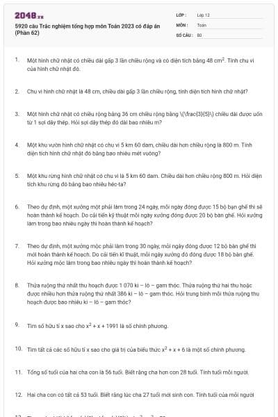 5920 câu Trắc nghiệm tổng hợp môn Toán 2023 có đáp án (Phần 62)