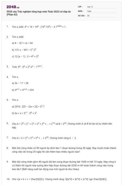 5920 câu Trắc nghiệm tổng hợp môn Toán 2023 có đáp án (Phần 63)