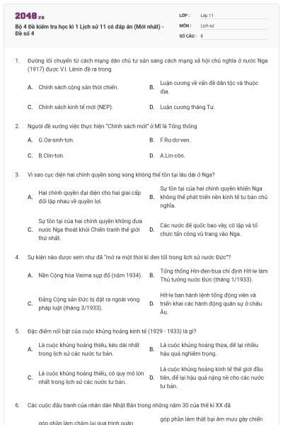 Bộ 4 Đề kiểm tra học kì 1 Lịch sử 11 có đáp án (Mới nhất) - Đề số 4