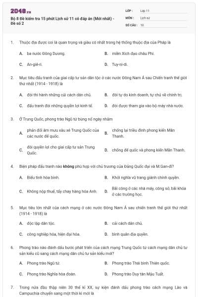 Bộ 8 Đề kiểm tra 15 phút Lịch sử 11 có đáp án (Mới nhất) - Đề số 2