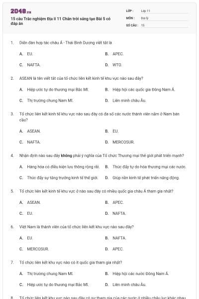 15 câu Trắc nghiệm Địa lí 11 Chân trời sáng tạo Bài 5 có đáp án