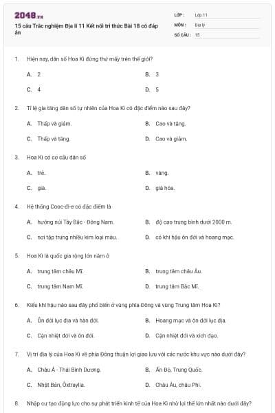 15 câu Trắc nghiệm Địa lí 11 Kết nối tri thức Bài 18 có đáp án