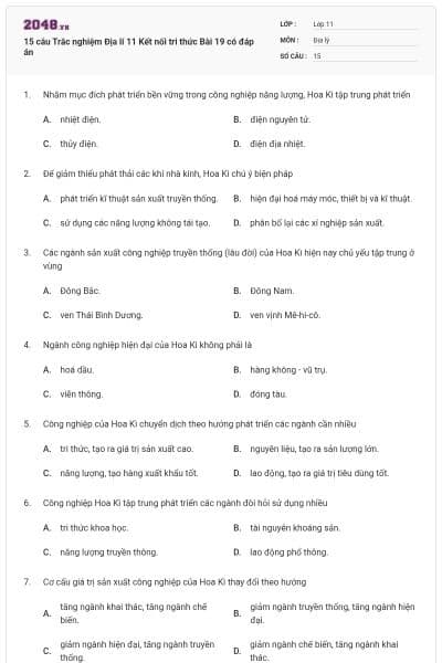 15 câu Trắc nghiệm Địa lí 11 Kết nối tri thức Bài 19 có đáp án