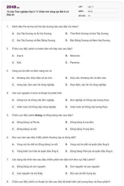 15 câu Trắc nghiệm Địa lí 11 Chân trời sáng tạo Bài 8 có đáp án