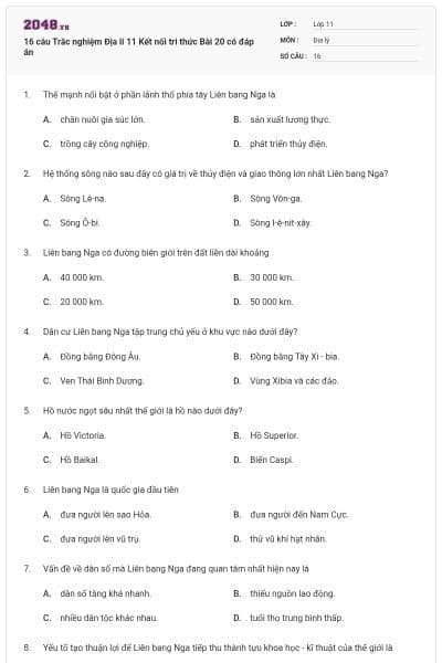 16 câu Trắc nghiệm Địa lí 11 Kết nối tri thức Bài 20 có đáp án