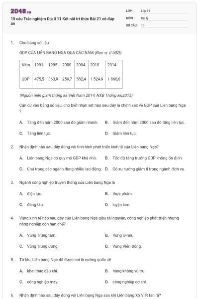 15 câu Trắc nghiệm Địa lí 11 Kết nối tri thức Bài 21 có đáp án