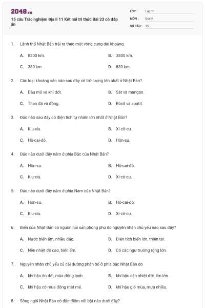15 câu Trắc nghiệm Địa lí 11 Kết nối tri thức Bài 23 có đáp án