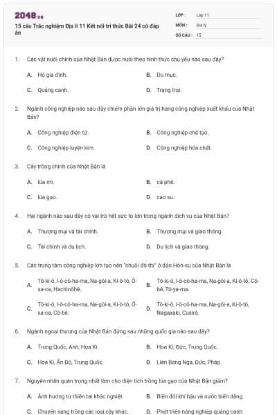 15 câu Trắc nghiệm Địa lí 11 Kết nối tri thức Bài 24 có đáp án