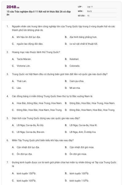 15 câu Trắc nghiệm Địa lí 11 Kết nối tri thức Bài 26 có đáp án