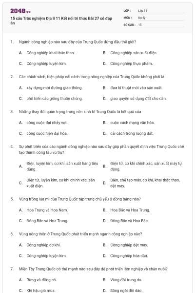 15 câu Trắc nghiệm Địa lí 11 Kết nối tri thức Bài 27 có đáp án