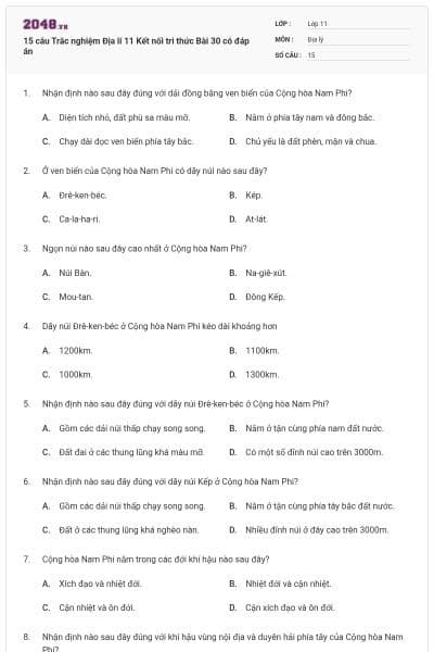 15 câu Trắc nghiệm Địa lí 11 Kết nối tri thức Bài 30 có đáp án
