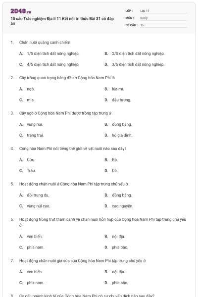 15 câu Trắc nghiệm Địa lí 11 Kết nối tri thức Bài 31 có đáp án