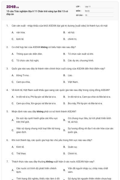 15 câu Trắc nghiệm Địa lí 11 Chân trời sáng tạo Bài 13 có đáp án