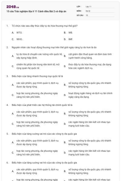 15 câu Trắc nghiệm Địa lí 11 Cánh diều Bài 2 có đáp án