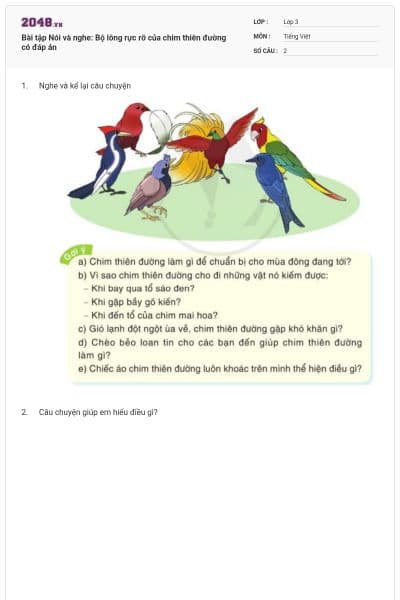 Bài tập Nói và nghe: Bộ lông rực rỡ của chim thiên đường có đáp án