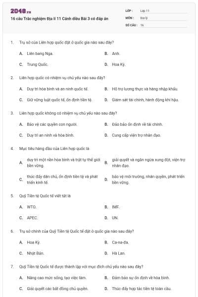 16 câu Trắc nghiệm Địa lí 11 Cánh diều Bài 3 có đáp án