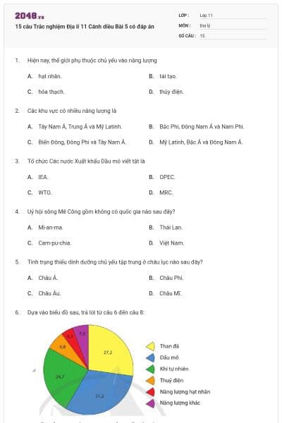 15 câu Trắc nghiệm Địa lí 11 Cánh diều Bài 5 có đáp án